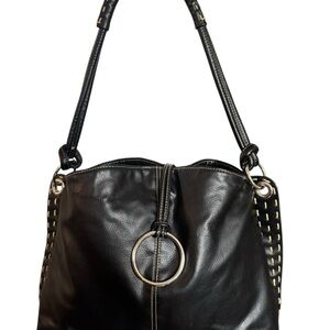 Vintage Black Leather Shoulder Bag with Stitching